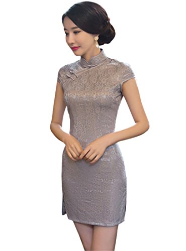 Wincolor Women's Chinese Traditional Cheongsam Cap Sleeve Floral Lace Qipao Dress