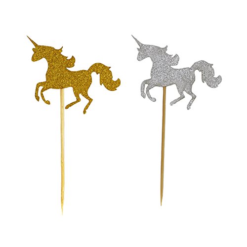 Miraclekoo Golden Glitter Unicorn Cupcake Toppers for Bridal Shower, Wedding Table Cake Decorations, Party Supply Favor Accents, 30 Pack