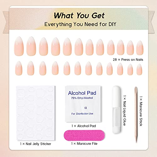 Qsnidy Press on Nails Almond, Ombre Nude to White Press on Nails Medium Fake Nails, Glossy Full Cover Glue On Nails for Women Daily Wear, Natural Fit Acrylic Stick on Nails in 12 Sizes - 24 Nail Kit - Image 5