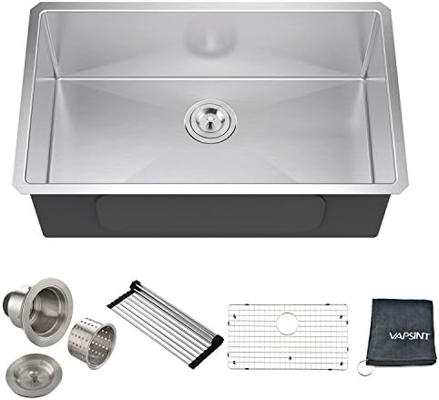 VAPSINT 30-Inch Workstation Undermount 18 Gauge Single Bowl Handmade 304 Stainless Steel 10-Inch Deep Kitchen Sink，Bar or Prep Brushed Nickel Kitchen Sinks with Drain