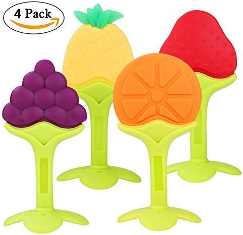 PROMENE Baby Teether Toys (4 Pack) - Soft Silicone Fruit Teething Toys Set For Toddlers &amp; Infants, Baby Gum Massager