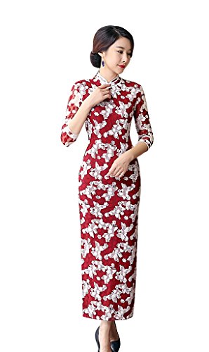 ACVIP Women Butterfly Pattern Lace Evening Chinese Long Dress Qipao Dark Red