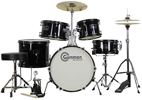Gammon 5-Piece Junior Starter Drum Kit with Cymbals, Hardware, Sticks, & Throne - Black (Renewed)