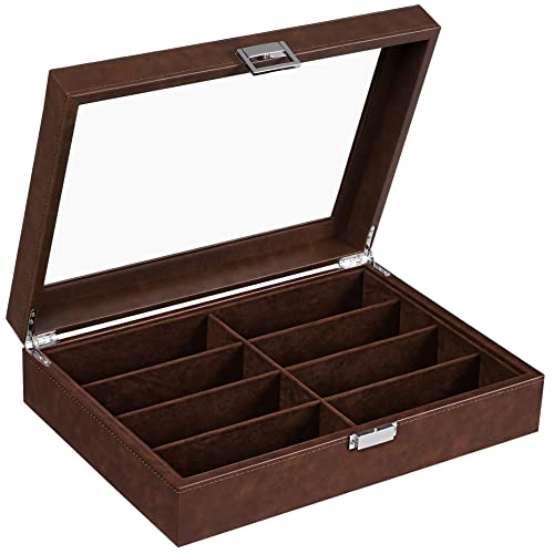 BEWISHOME Sunglasses Organizer, 8 Slot Sunglasses Case for Men, Eyeglasses Storage Box with Clear Glass Top, Faux Leather, Brown SSH38Z