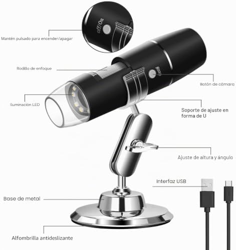 Microscopio Digital WiFi USB con Aumento de 50X-1000X, WADEO Microscopio portátil con función de Foto y vídeo, 8 LED, para iPhone, iPad, Android, Mac y Windows, con Soporte metálico