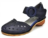Cunzhai Women's Genuine Leather Round Toe Ankle Strap Velcro Closure Hollow out Low Block Heel Sandals
