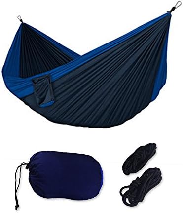 Pro Outdoor Hammock | Ultra Durable and Portable Navy Blue Nylon Double Hammock with Strong Hanging Rope Up to 440 lbs for Backyard Camping Hiking Traveling | 19.3