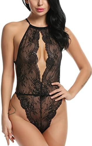 Instom Women's Lingerie One Piece Halter Teddy Floral Lace Babydoll Bodysuit
