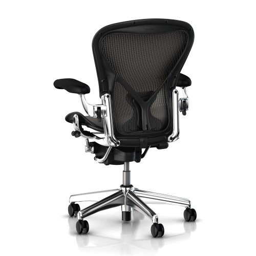 Herman Miller Executive Aeron Task Chair: Highly Adjustable w/PostureFit Lumbar Support - Fully Adjustable Leather Arms - Tilt Limiter - Size B - Standard Carpet Casters - Polished Aluminum Frame/Carbon Classic Pellicle Office Products, Office Furniture & Lighting, Chairs & Sofas, Managerial & Executive Chairs