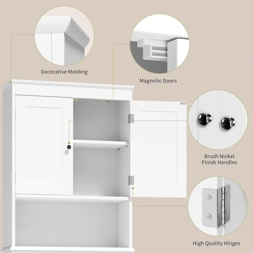 Gizoon Over the Toilet Storage Cabinet with Adjustable Shelf and Double Doors, Bathroom Space Saver Organizer Above Toilet with Open Shelf, Taller Wooden Free Standing Toilet Rack -White