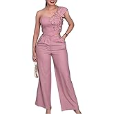 CHICME Women’s 2 Pieces Outfit One Shoulder Sleeveless 3D Floral Applique Crop Top and High Waist Wide Leg Pants Set