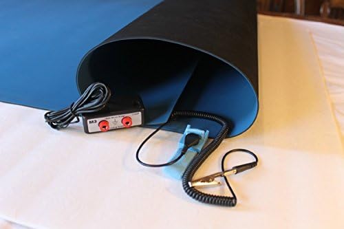 2 Layer Rubber ESD Anti Static Hi-Temp Mat Kit with Dual Bench Grounding/Wrist Strap (36" x 72") - Blue