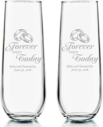 Personalized Forever Begins Today Bride and Groom Stemless Champagne Toasting Flutes (Set of 2) • Perfect Gift for Bridal Shower, Engagement Party, Rehearsal Dinner or Wedding Reception