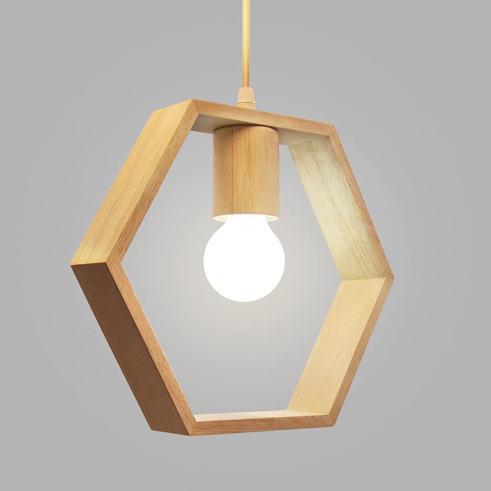 Artpad Nordic Wooden Hexagon Geometric Pendant Lights Single Head Hanging Dining Room Bar Restaurant Wood Lamp with 5w White Light Bulb