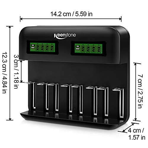 Keenstone Intelligentes Batterieladegerät, NI-MH NI-CD AA AAA C D, Universal-Schnellladung mit Typ C/Micro USB, LCD-Display, freistehender Steckplatz und Auto-Dection (8 unabhängige Ladekanäle)
