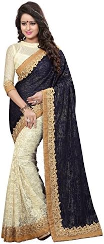 Odhni Women's Indian Bollywood Embroidered Blue Cream Velvet Cotton Saree