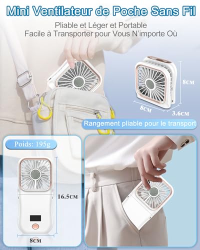 DDKJ Portable Folding Hand Fan 180° - Powerful 4000mAh Battery | Up to 8 Hours | LED Display Battery Levels & Speeds | Neck Cord for Office Travel Outdoor Children & Adults