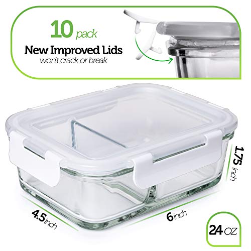 Prep Naturals Glass Meal Prep Containers Glass Food Storage Containers with Lids - 2 Compartment Glass Lunch Containers (20 Pcs.) Glass Storage Containers with Lids Glass Containers for Food Storage