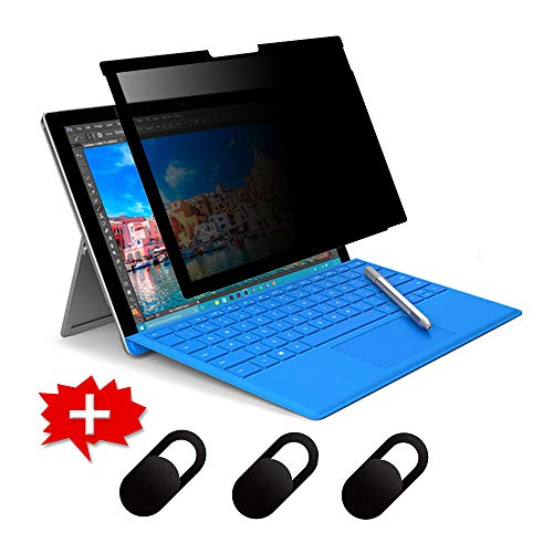 Fully Removable Privacy Screen Protector for Microsoft Surface Pro 7/6/5/4/3, Anti-Spy Filter Anti-Glare Screen Film for Surface Pro 7/6, Easy On/Off, Detachable, Reusable + 3 Free Webcam Cover