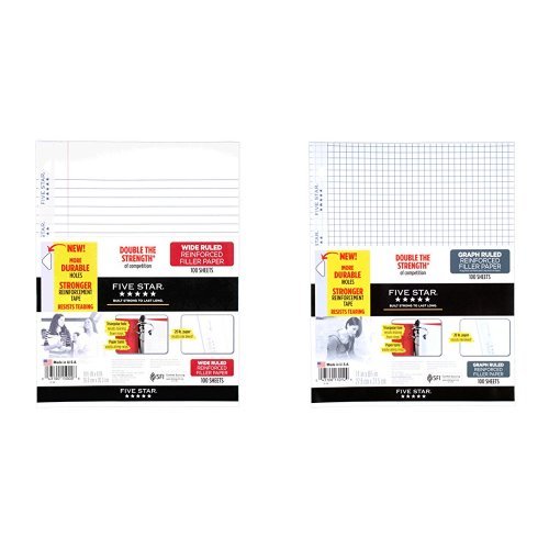 Five Star Filler Paper, Loose Leaf Paper, 10.5 x 8", 100 Sheets/Pack and Graph Ruled, 100 Sheets/Pack Bundle