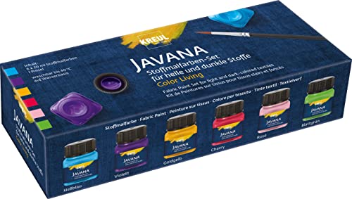 KREUL 90597 - Javana Fabric Paints for Light and Dark Fabrics, Set Color Living, 6 x 20 ml and a Brush, Brilliant Colour with Pasty Character, Washable After Fixation