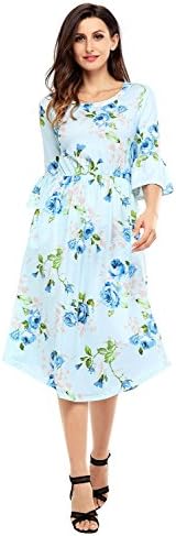 Women's Casual Loose Pocket Dress Floral Summer Dress 3/4 Bell Sleeve Midi Swing Dress