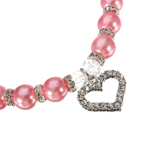 Wakeu Diamond Heart Rhinestone Crystal Rhinestone Pendant Pearl Collars Necklace for Small Dog Girl (S/Length:25cm/9.8", Pink) - Thumbnail 2