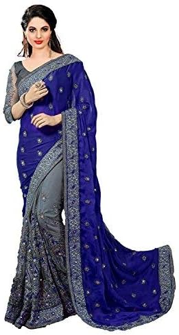 Sunshine Fashion Women Net Saree With Blouse Peice (Blue_FreeSize)