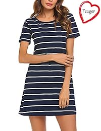 Feager - Vestido corto, de manga corta, con bolsillos, diseño a rayas, tipo camiseta, con espalda de diseño cruzado