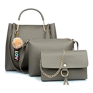 Mammon Women’s Handbag & Sling Bag (Set of 3) (3LR-bib-Grey_Grey)