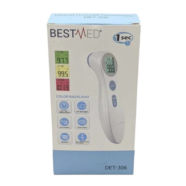 BESTMED 1 Second Reading Infrared Thermometer for Children & Adults | Forehead DET-306 | 3-Color Indicator, No-Touch | Fever Alarm
