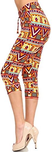 Ultra Soft Capri Leggings with Design Pockets Drawstring - Printed for Women - 30 Colors - by NYFC (Large / X-Large, Yellow Orange Aztec)