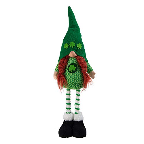 GMOEGEFT Handmade St Patrick's Day Gnome Irish Leprechaun, Green Plush Figurine with Braids, Table Ornament Holiday Home Decoration Gift (Tall Standing Girl)