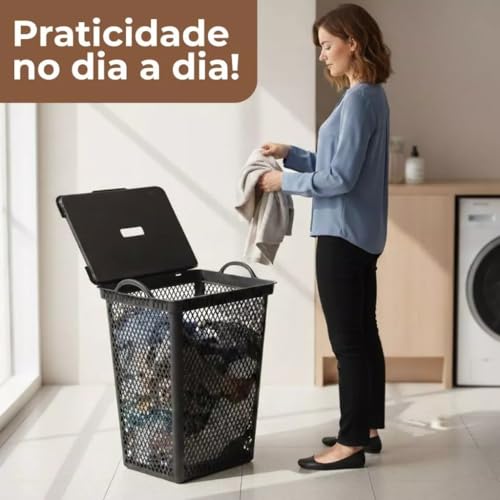 Cesto De Roupas Telado 49 Litros Com Tampa Basculante Estilo Madeira Multiuso