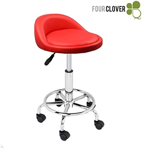 FOUR CLOVER Adjustable Beauty Rolling Swivel Salon Cushioned Hydraulic Medical Stool Chair Seat with PU Leather，Foot Rest and Back Rest Chrome Metal Base for Drafting Massage Spa Salon Tattoo