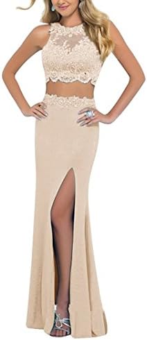 Liaoye Women's Split Mermaid Prom Dress Two Pieces Beading Party Gown Champagne 2