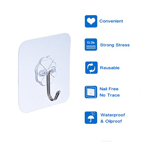 Ecjiuyi 10 Packs Reusable Adhesive Hooks,Transparent Heavy Duty Wall Hooks with No Scratch, Waterproof and Oilproof for Bathroom, Bedroom, Kitchen, Refrigerator Door, Wall and Ceiling - Thumbnail 3