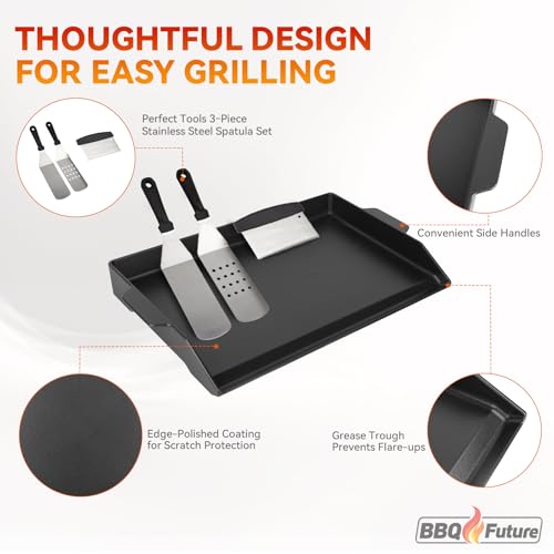 BBQ Future Universal Cast Iron Griddle for Gas Grill with Spatula Set, 23" x 16" Pre-Seasoned Nonstick Griddle Insert Large BBQ Flat Top Plate for All Gas/Electric Grill, Stove Top and More