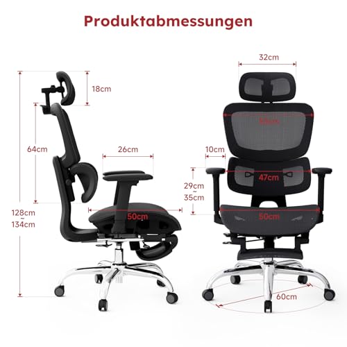Ergonomic Office Chair Full Mesh 150 kg with Footrest, Desk Chair with Removable Cushion, Self-Adjusting Lumbar Support, Height-Adjustable Backrest, Headrest, PU Wheel, 360°, Black