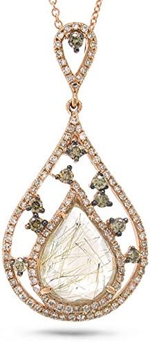 0.44ct White and Champagne Diamond and 2.42ct Golden Line Quartz 14k Rose Gold Pendant Necklace