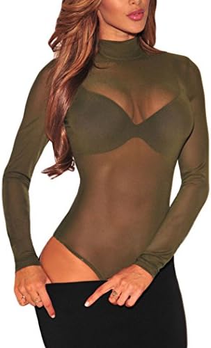 Ainuno Women Green Sheer Mesh Long Sleeve Mok Neck Jumpsuit Bodysuits Medium