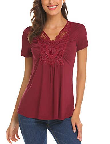 Locryz Women V-Neck Short Sleeve Ruched Pleated Front Casual Loose T-shirt Top Blouse (L, Wine Red)