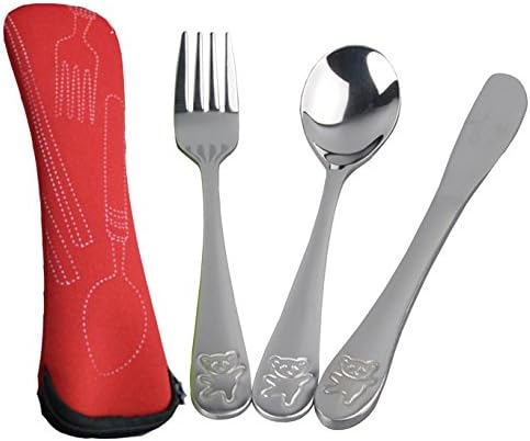 Dovia Stainless Metal Utensil Set, Bear Model, 3-Piece Flatware includes Spoon, Fork, Butter Knife, Colorful Cases (Red)