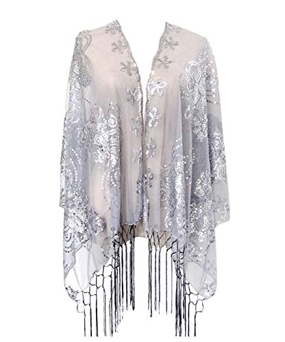 L'VOW Women's Glittering 1920s Scarf Mesh Sequin Wedding Cape Fringed Evening Shawl Wrap (Gray)