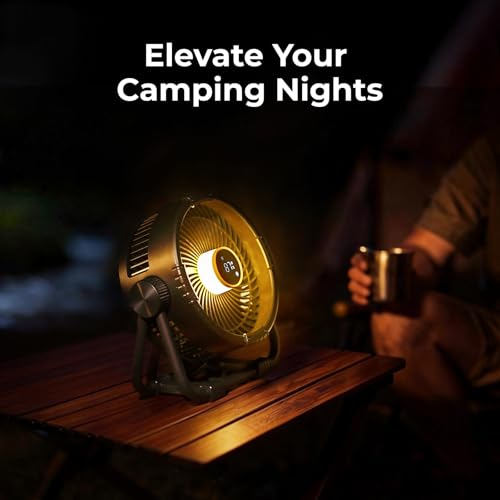 BougeRV Portable Rechargeable Fan, 20000mAh Battery Powered Fans with 4 Wind Speeds Hook Brighter Light LCD Display for Camping Outdoors Office Travel RV