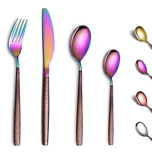 Berglander Juego de cubiertos de 24 piezas con mango de superficie lunar y cabeza de arco iris brillante chapado en titanio acero inoxidable juego de cuberteria, utensilios, servicio para 6