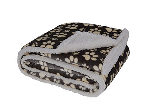 Longrich Flannel Paw Print & Ultra Soft Sherpa Throw Blanket, 50" W X 60" W, Grey with Brown Paw Print - Thumbnail 3