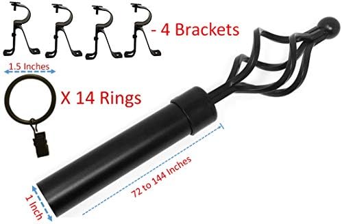 TEJATAN - 1 Inch Curtain Rod with finials, Curtain Rings and Brackets (72 to 144 Inches)