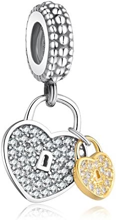 S925 Sterling Silver Charm Beads With Zircon Love Lock Heart Dangle Pendant DIY with Gold SE181