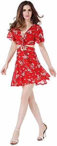 JYSS Women's Sexy Deep V Neck Floral Beach Dress Print Bandege Short Sleeves M